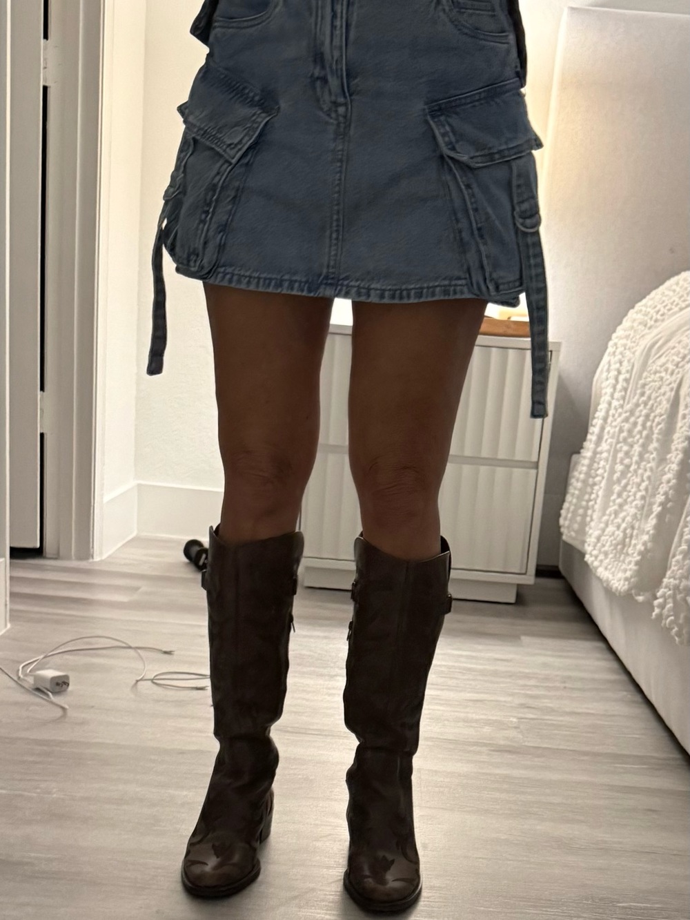 Blank NYC Washed Blue Denim Cargo Mini Skirt
